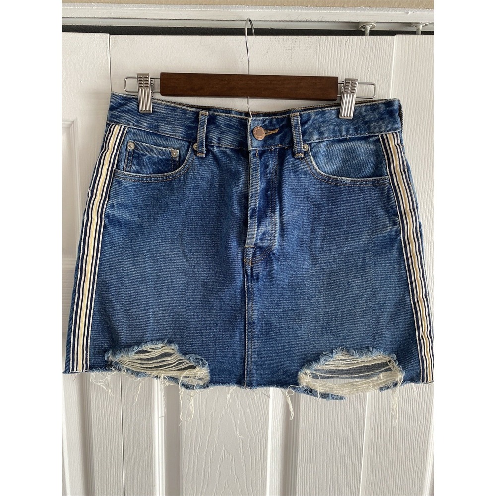 Bershka Distressed Side Stripe Denim Mini Skirt Womens Size 4 Blue Y2K Cotton